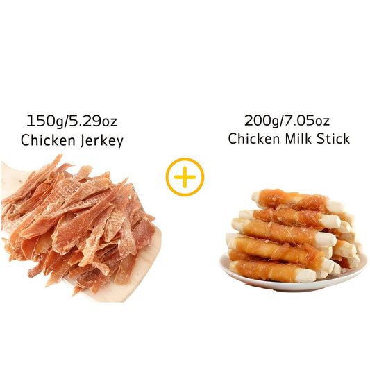 Dog Jerky Treats, Chicken or Duck Pairings with Milk Options, Two 200 g Packs
