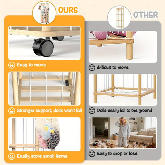 Stuffed Animal Storage Rack with Wheels, Pine Wood, 2- or 3-Tier