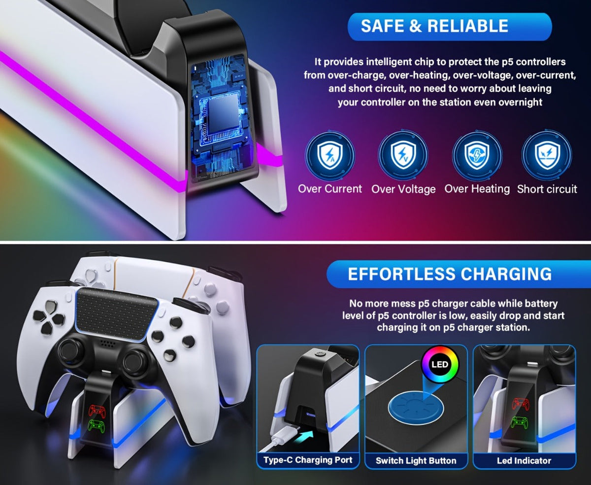 PS5 Controller Charging Station 9-Color LED Light Fast Charging Dock for DualSense & DualSense Edge - Compatible with PS5 Slim Pro All Models