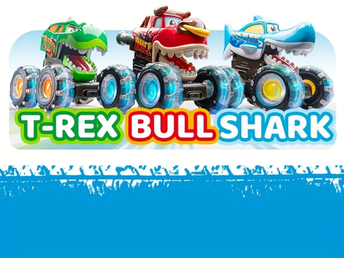 Monster Truck Toy 3-Pack with LED Lights, Press-and-Go Shark, Bull & Dinosaur