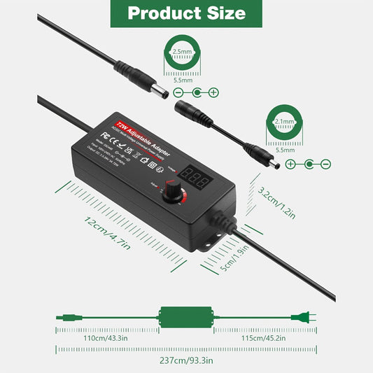 AC to DC Power Adapter, 48W Adjustable 4–24V with LCD Display and 15 Connector Tips