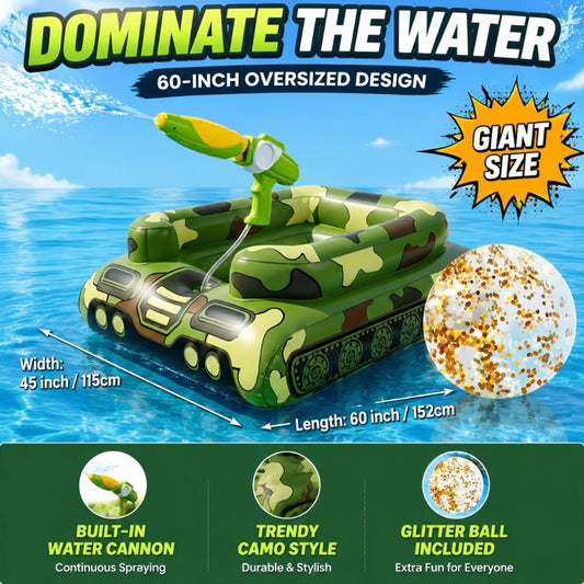 Ride-On Tank Pool Float with Sprayer, Yellow or Green Inflatable Raft