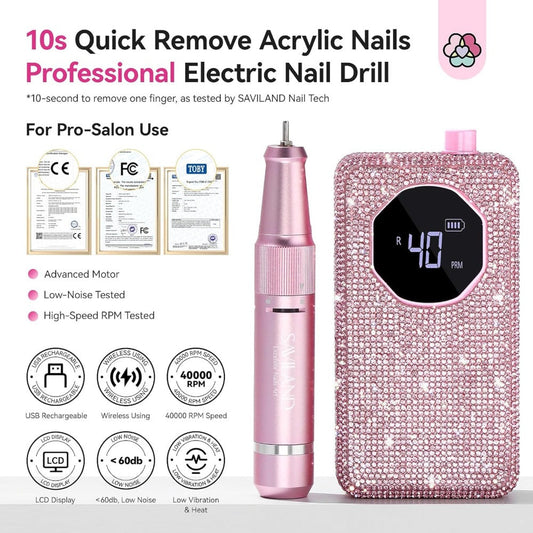 Electric Nail Drill, 40,000 RPM Rechargeable with LCD Display in Bright Pink