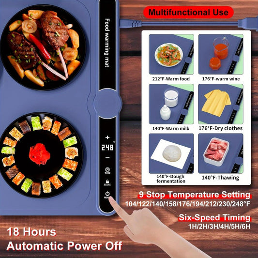 Electric Food Warming Mat with 6 Temperature Settings, 6-Hour Timer and Roll-Up Design