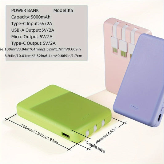 Slim Power Bank 5000mAh / 10000mAh with Built-in USB-C Cable, Charges 4 Devices Simultaneously, LED Indicator – Ultra-Compact Portable Charger for iPhone, Android, Travel, Everyday Carry