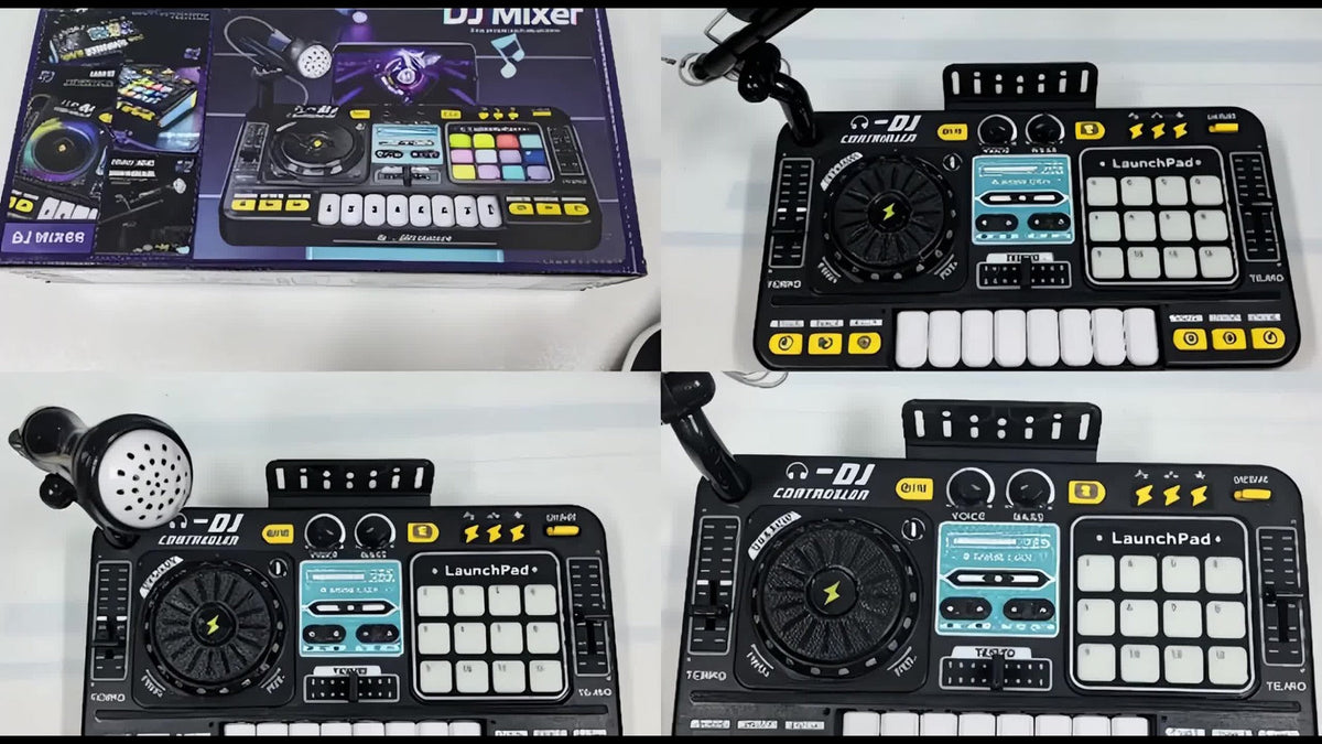 Kids DJ Mixer Toy in Black with LED Lights, Microphone and Piano Keys