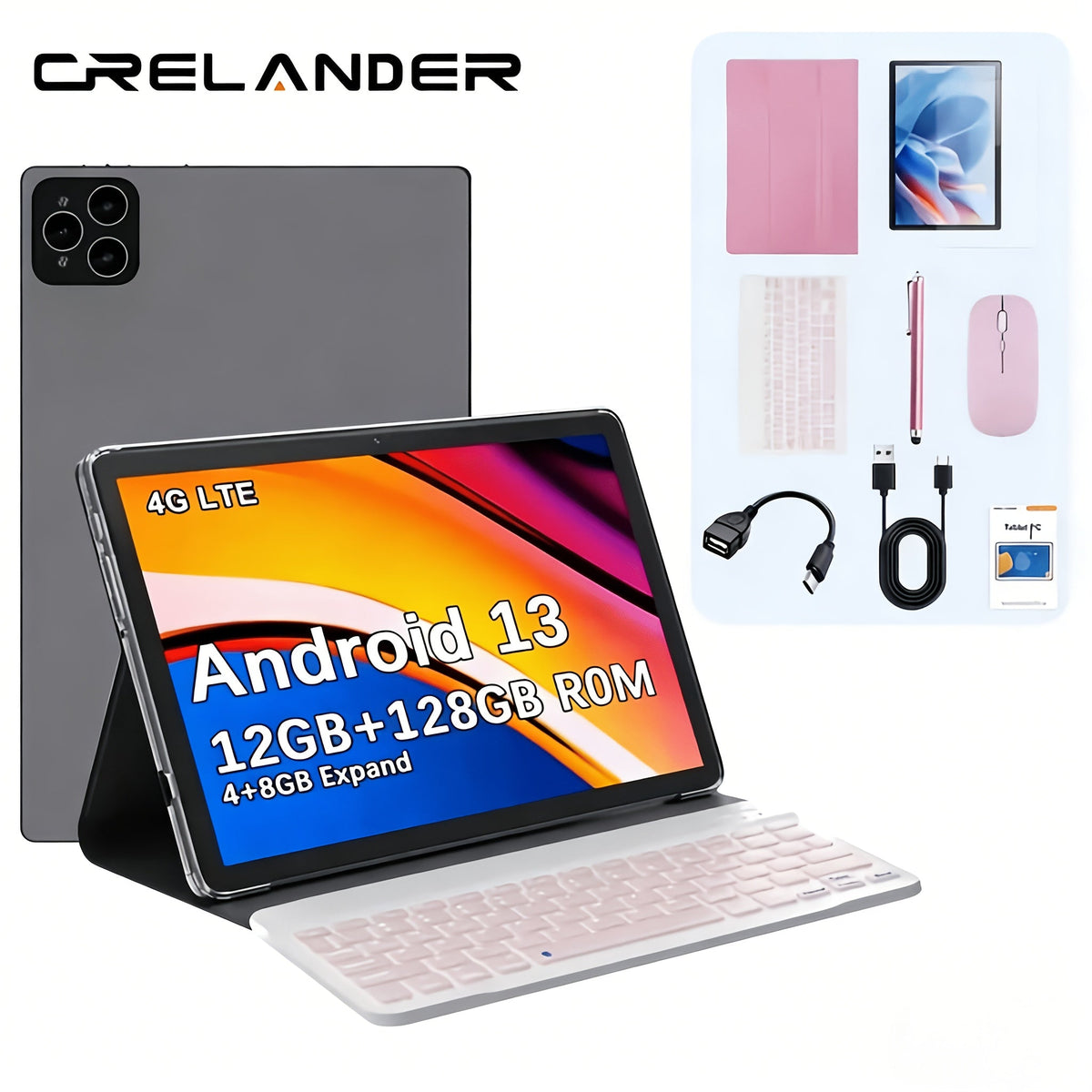 CRELANDER 4G LTE Tablet with Keyboard Mouse Stylus & Case – 12GB RAM, 512GB Storage, GPS, WiFi, Full Bundle 2-in-1 Tablet PC, Perfect Graduation & New Year Gift for Work Study Travel