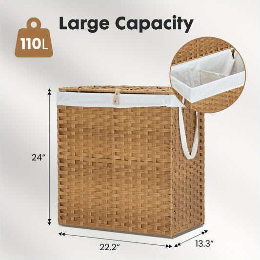 Rattan Laundry Basket with Lid & Washable Liner, Foldable Steel-Frame Hamper