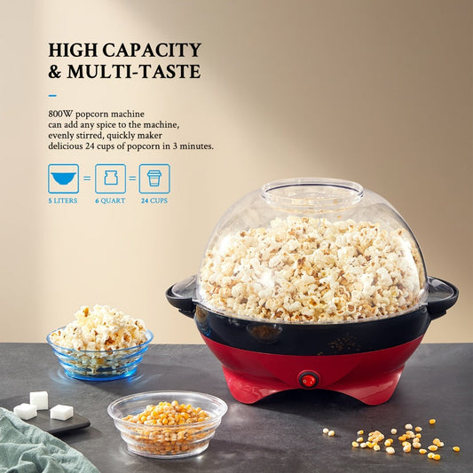 Electric Stirring Popcorn Maker, 800W 6-Quart with Non-Stick Plate & Serving Bowl, Red