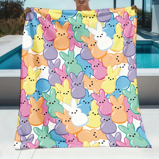 Easter Bunny Flannel Throw Blanket with Pastel Bohemian Print, 4 Sizes