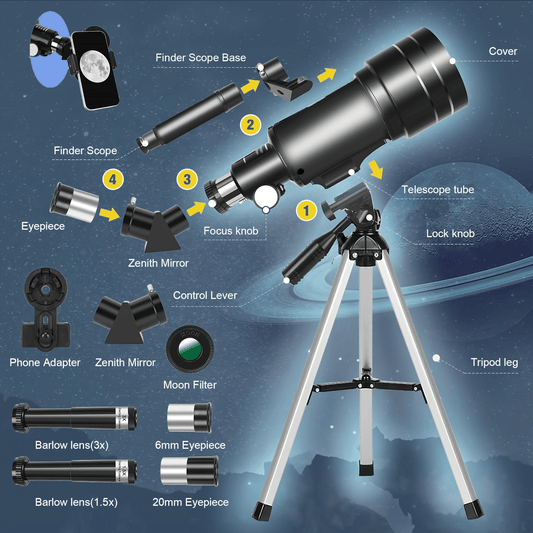 Astronomical Telescope with 70mm Aperture, Up to 150X & Five Color Options