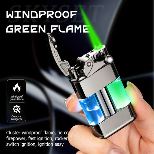 Green Flame Metal Lighter with Adjustable Flame and Rocker Arm Ignition