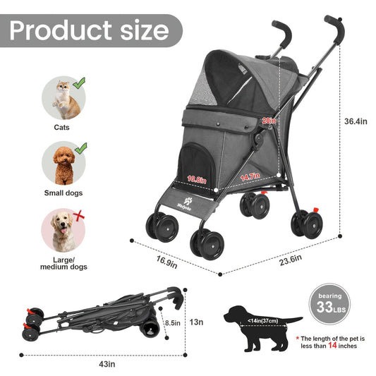 Pet Stroller for Small Dogs & Cats up to 33 lb, Foldable with Canopy