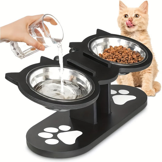 Elevated Cat Bowl with Adjustable Height, Stainless Steel Dish and Black Wood Base