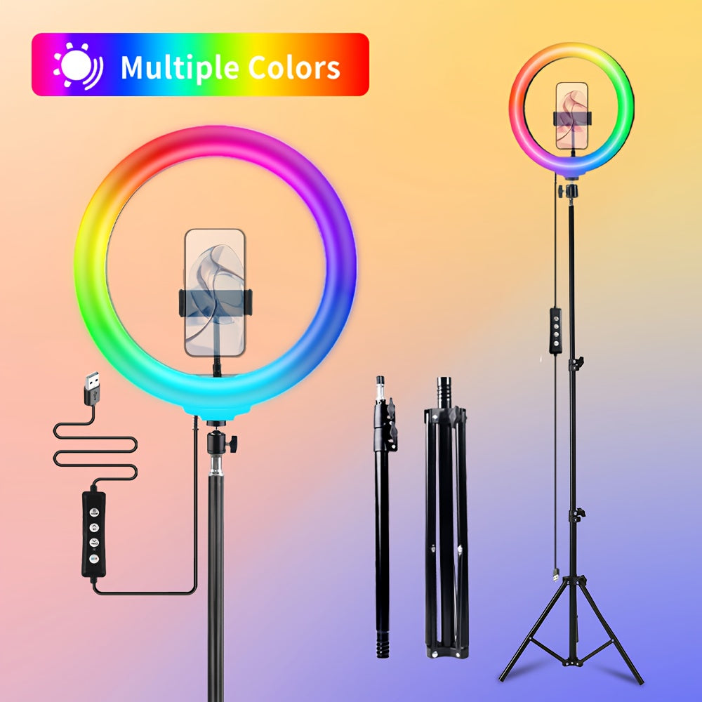 RGB LED Ring Light 43-Inch Adjustable Stand with Phone Holder USB Powered Multicolor Circle Fill Light for Photography Video Recording Streaming Makeup Selfie Outdoor Studio Lighting