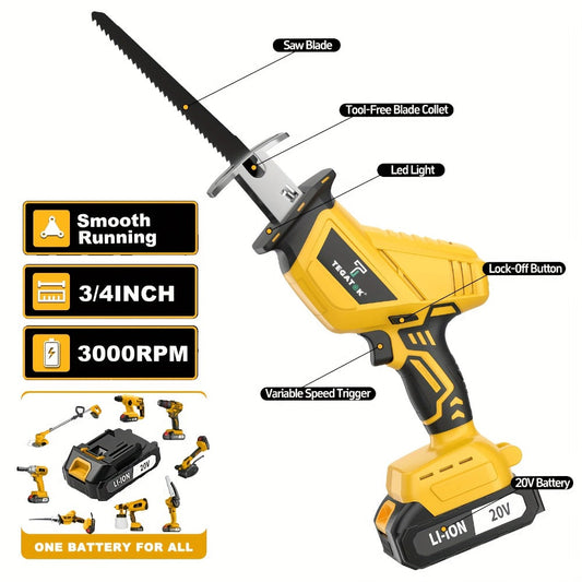Cordless Reciprocating Saw with LED Light, Safety Lock and 1- or 2-Battery Options