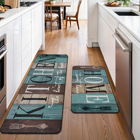 Kitchen Mat Set with Green-Brown Wood Plank Pattern, 2 Diatomaceous Earth Mats