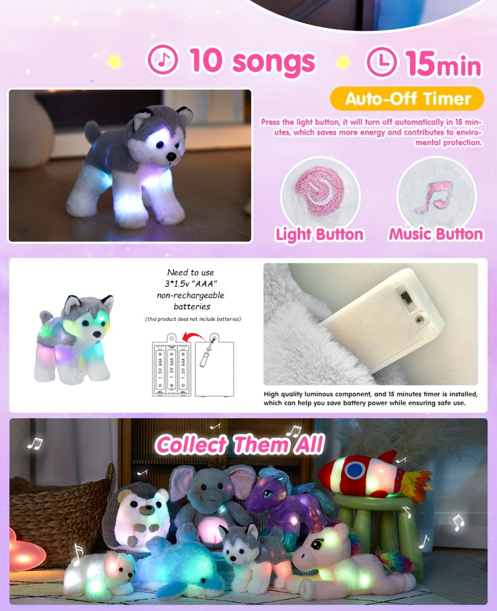 Musical Light-Up Husky Plush Toy, 12 Inch Glowing Puppy Stuffed Animal with Lullaby Music