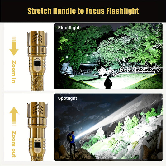 Rechargeable LED Flashlight, 1000 Lumens with Golden Dragon Pattern and 4000mAh Battery