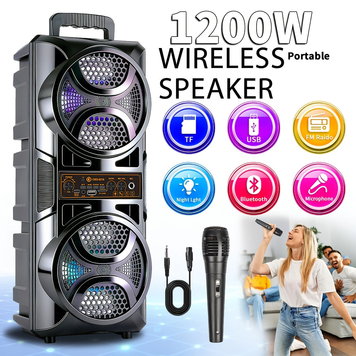 1200W PA Bluetooth Speaker with Wired Microphone & LED Lights – Portable Rechargeable Wireless Speaker, Supports AUX, USB & FM Radio, Ideal for Parties, Outdoor Events & Holiday Gifts