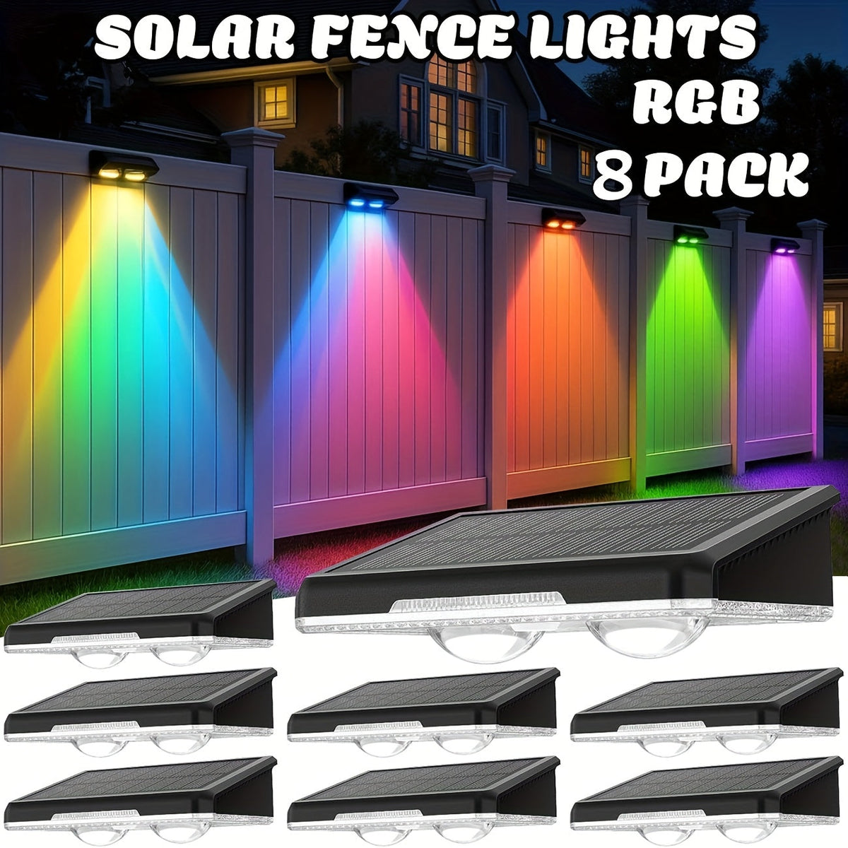 Solar Fence Wall Lights Multicolor LED 9 Modes - Smart Dusk to Dawn Sensor Auto On Off Convex Lens Waterproof for Garden Yard Patio Deck Porch Holiday Christmas Halloween Decoration 4 or 8 Pack