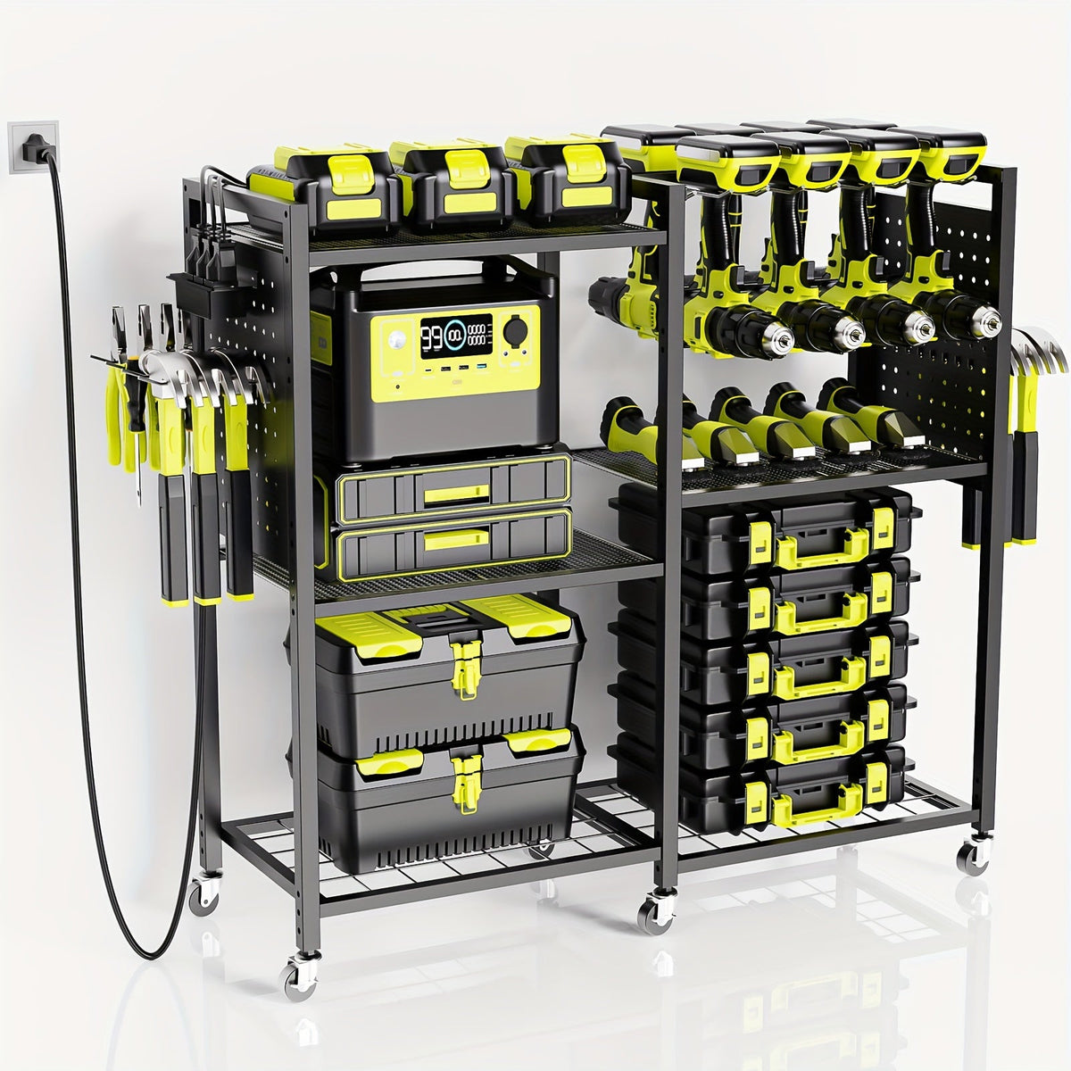 Mobile Tool Cart with Charging Station – 12 Drill Holders & 5 Storage Shelves Power Tool Organizer | Rolling Utility Rack Toolbox with Battery Charging Power Strip for Garage & Workshop | 4 Colors