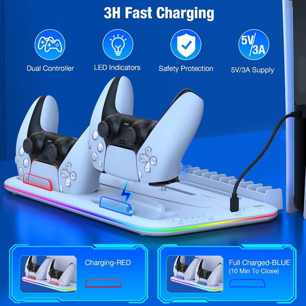 15-Game Storage PS5 Slim Stand with RGB Cooling Fan & Dual Controller Charging Station – Compatible with PS5 Slim Disc & Digital Edition, PlayStation 5 Accessories with RGB Light