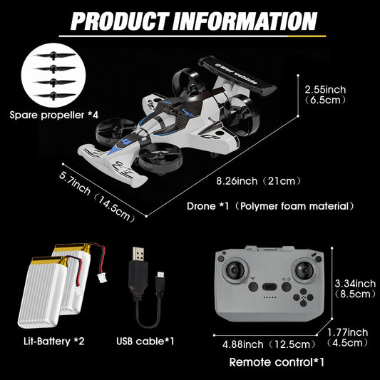 RC Drone Car, 2-in-1 Air and Land Remote Control Toy in White