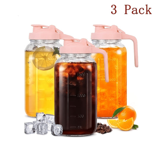 Glass Pitcher 64 oz with Handle, Wide Mouth and Pour-Spout Lid, Pink 3-Pack
