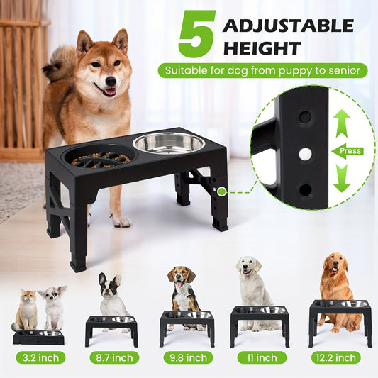 Elevated Dog Bowl Stand with 3 Stainless Steel Bowls and 5 Adjustable Heights