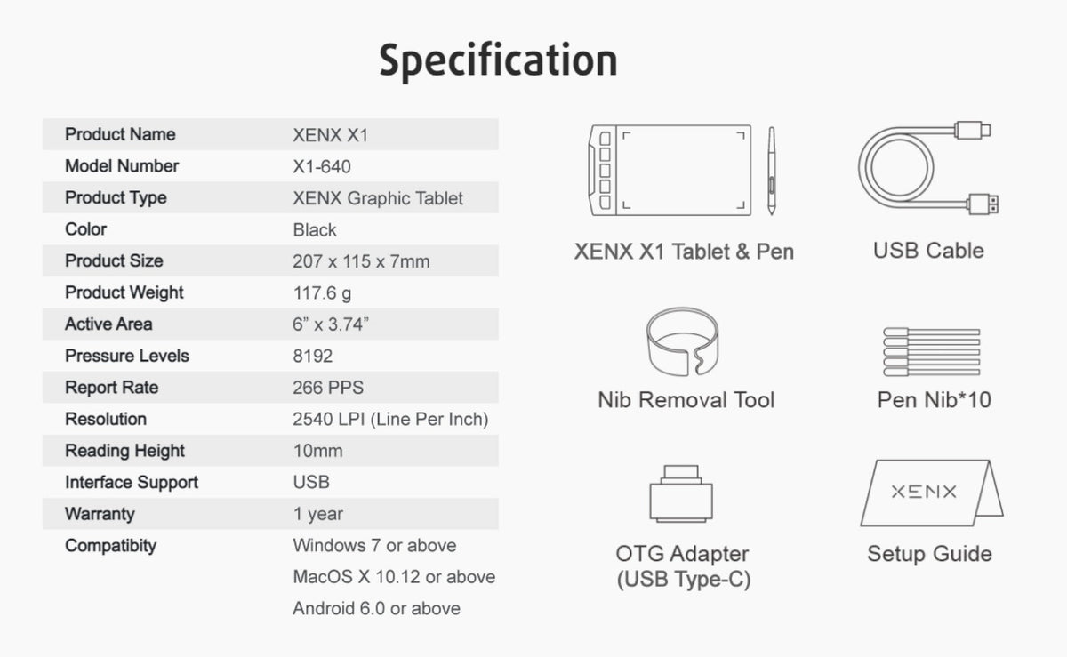 Drawing Tablet XENX 8192 Pressure Levels Battery-Free Stylus 5080 LPI 266 PPS 2 Programmable Buttons Compatible with Android Mobile Windows Mac Portable Pen Tablet for Digital Art Animation Design