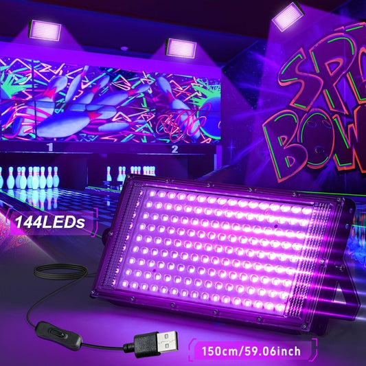 UV Black Light Flood Lights, 144 LEDs, 385–400nm, USB with Switch, 4-Pack