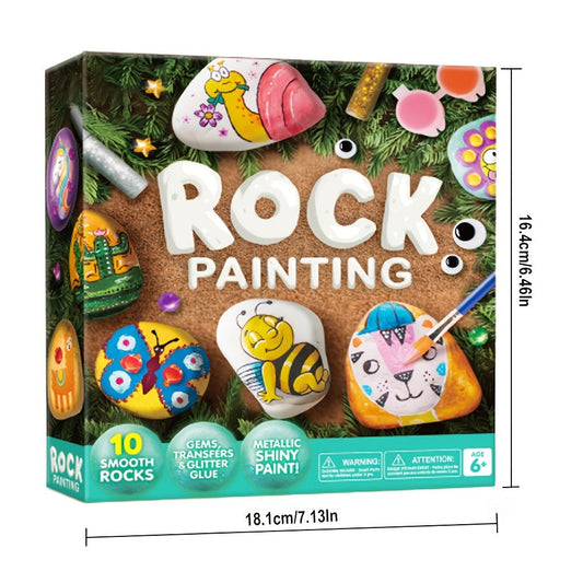 Rock Painting Kit with 10 Stones, Paints and Decorative Gems for DIY Art