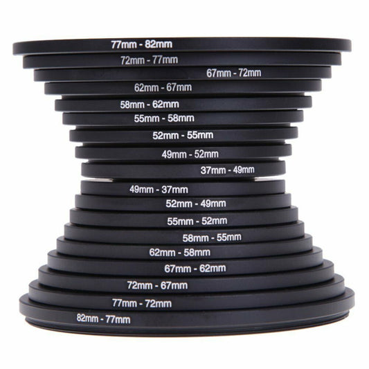 Lens Filter Adapter Rings, 18-Piece Aluminum Alloy Step-Up & Step-Down Set, 37–82mm