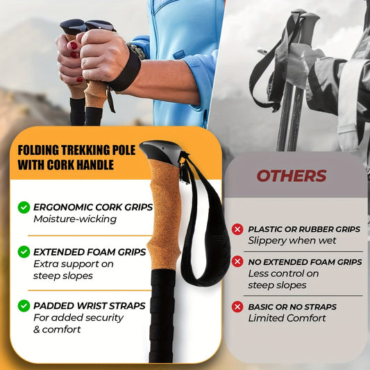 Folding Aluminum Trekking Poles with Cork Grips, Adjustable 2-Pack