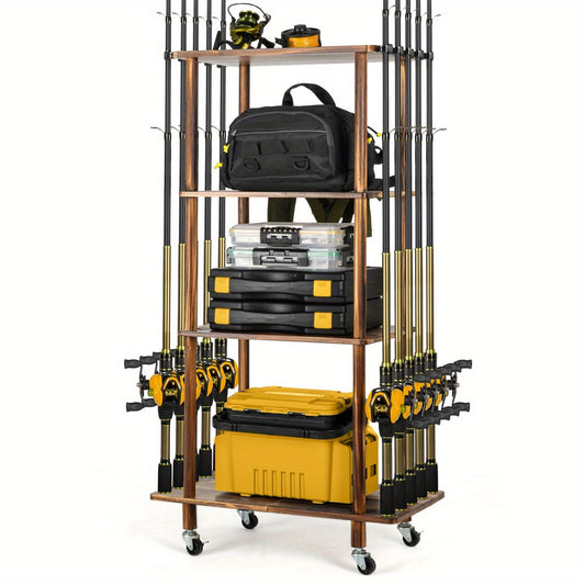 Rolling Fishing Rod Storage Rack with Tackle Shelves, 3- or 4-Tier Options