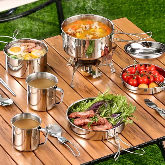 Camping Tableware Set, 8-Piece Stainless Steel with Folding-Handle Plates and Storage Bag
