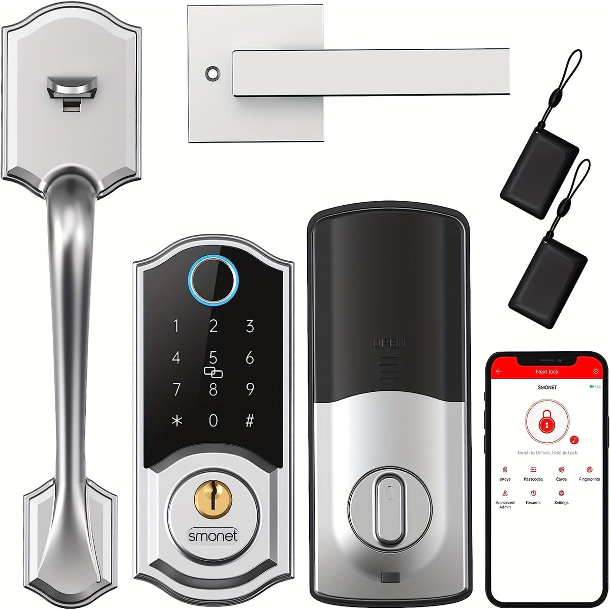 SMONET Smart Deadbolt Lock Set with Handle - Fingerprint, Bluetooth App & Keypad, Auto-Lock, Keyless Entry for Home, Office, Airbnb & Hotel, Oil Rubbed Bronze, Black & Silver