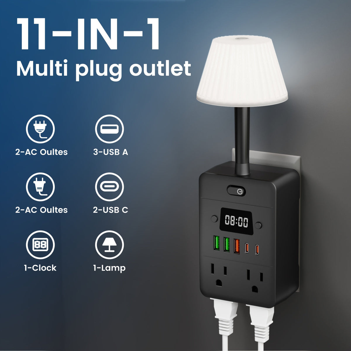 11-in-1 Multifunctional Power Strip with Desk Lamp & Digital Clock – 4 AC Outlets, 3 USB-A & 2 USB-C, Wall-Mountable Desktop Charging Station with Overload Protection for Home School Office