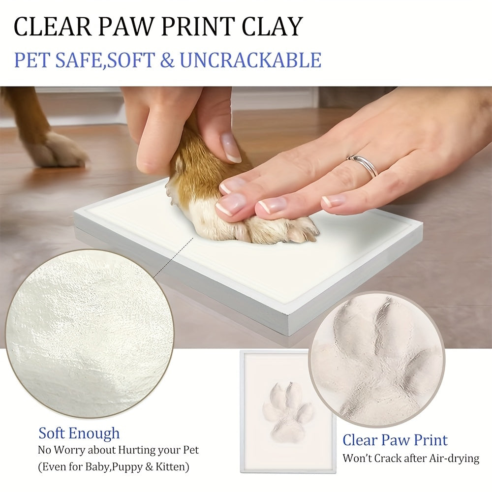 Pet Paw Print Frame Kit with Clay Impression – Wooden Photo Frame Keepsake for Dogs & Cats, Tabletop Memorial Gift, Home Decor Commemorative Set, White