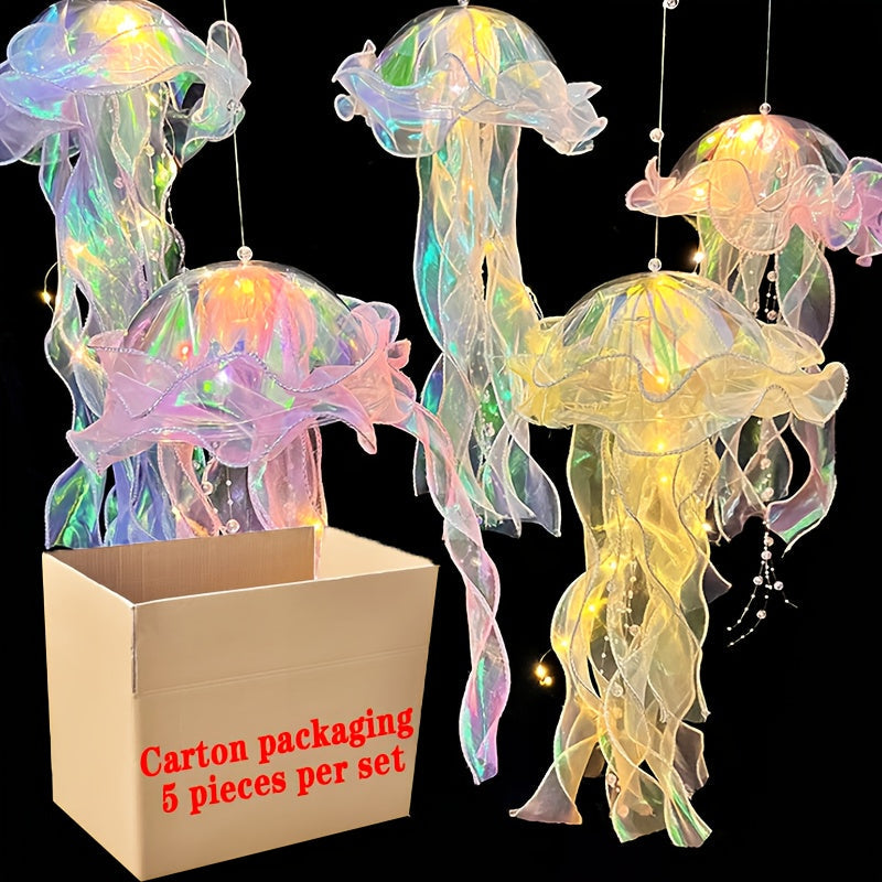 Jellyfish Lantern Party Decorations 5 Pack – Colorful Translucent Ribbon Hanging Lights for Halloween Christmas Wedding Birthday, Indoor Outdoor Festive Event Decor (Crystal Ribbon / Set)