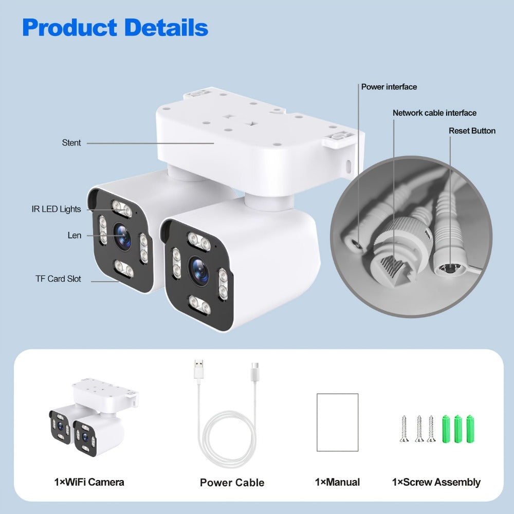 8MP Dual Lens PTZ Security Camera Outdoor Indoor WiFi Wireless Surveillance Camera 360° Panoramic View Corner Mount Full Color Night Vision Waterproof IP66