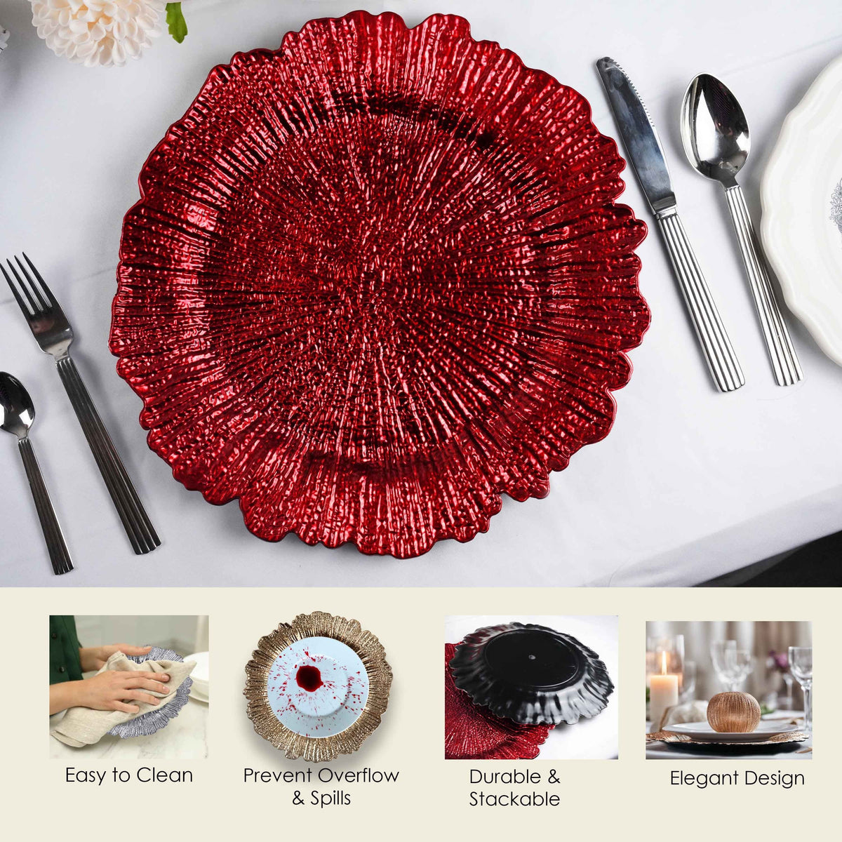 Charger Plates 13 Inch Set of 24 – Floral Reef Design Decorative Dinner Plate Chargers for Wedding Table Setting Party Banquet Reception Decor Silver Rose Gold Red
