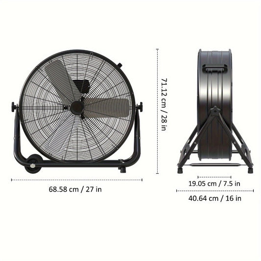 Industrial Drum Fan with 3 Speeds, Metal Housing, 360° Tilt and Rolling Casters