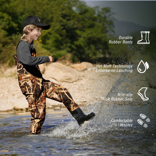 Kids Chest Waders with Attached Boots, Nylon Cartoon Stripe, Ages 4–13 Options