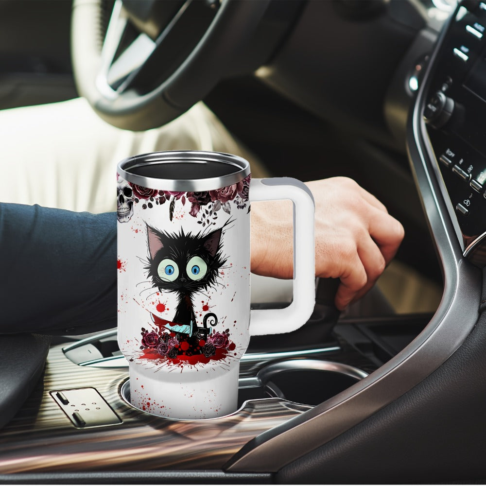 Halloween Horror Cat 40oz Insulated Tumbler with Lid and Straw – Stainless Steel Large Capacity Coffee Cup with Handle | Spooky Cat Mug for Halloween Gifts Office Home