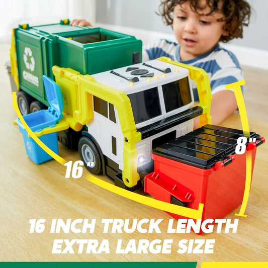 Garbage Truck Toy Set, 16-Inch Friction-Powered with Lights, Sounds, and Sorting Bins