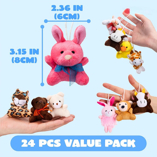 Mini Plush Animal Keychains 24 Pack, 2.5–3 Inch Stuffed Animal Party Favors in 24 Designs