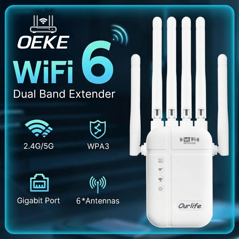 5000 Sq Ft WiFi Signal Booster Alexa Compatible - 6-Antenna Extender Covers 52 Devices, Ethernet Port, 1-Button WPS Setup, Access Point Mode, Smart Home Integration, White