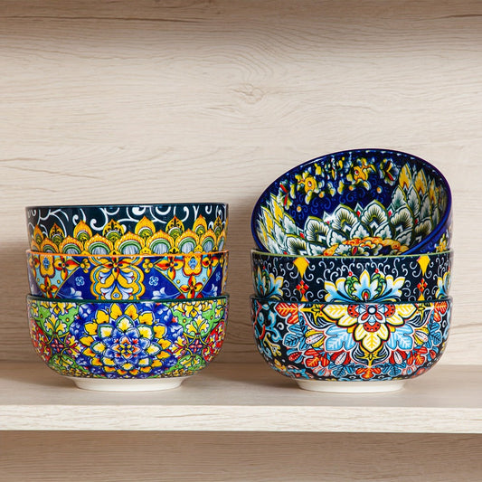 Ceramic Cereal Bowl Set of 6 with Bohemian Patterns, 26 oz per Bowl
